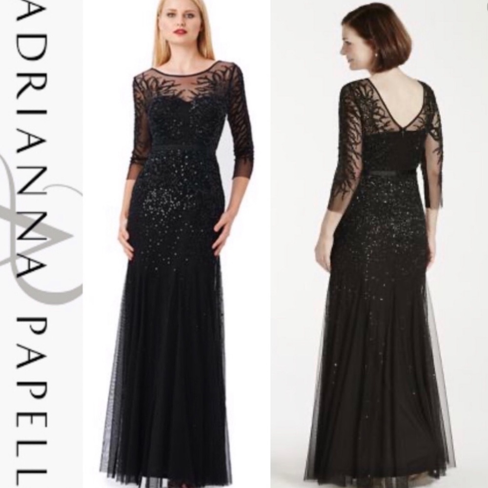 Adrianna Papell 3/4 sleeves beaded illusion sleeve long gown - Picture 4 of 14